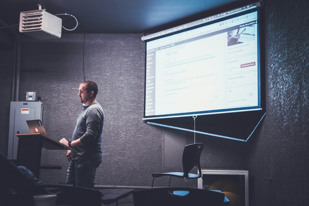 A presenter standing beside a projected VistaForge chart in a meeting room